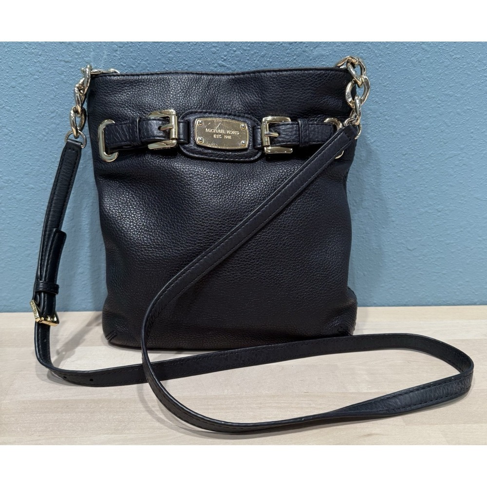 Michael Kors Hamilton Black Pebble Leather Crossbody Bag Purse with Gold Accents